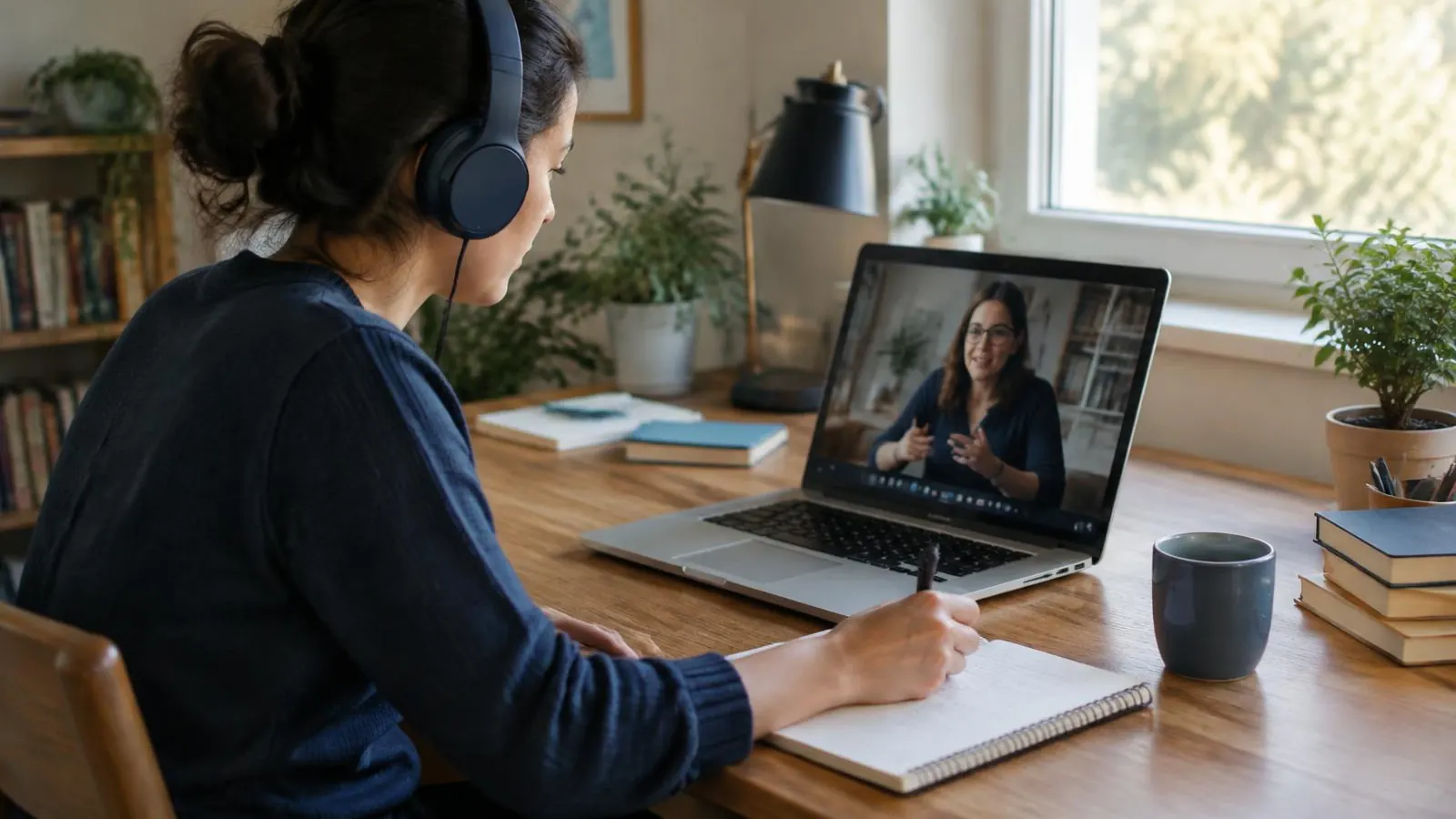 Pessoa adulta com fones de ouvido faz anotações em um caderno enquanto acompanha uma aula por videochamada no notebook.