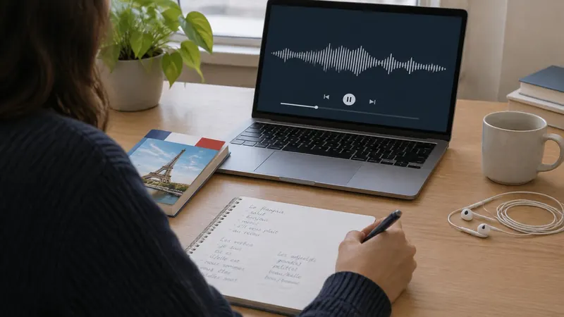 Pessoa anota expressões em francês em um caderno enquanto ouve um áudio no notebook, com fones e um livro ao lado.