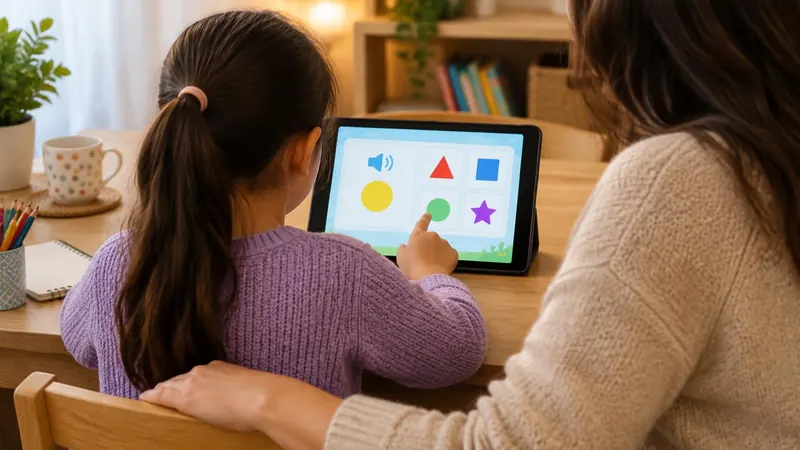 Criança, vista de costas, faz uma atividade com formas coloridas em um tablet, acompanhada por uma pessoa adulta.