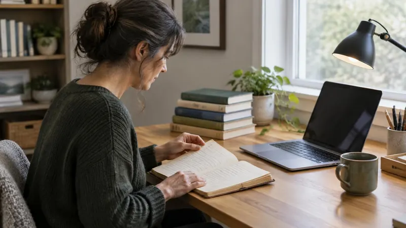 Pessoa adulta lê um caderno antigo de anotações em uma mesa organizada, com livros empilhados e um notebook.
