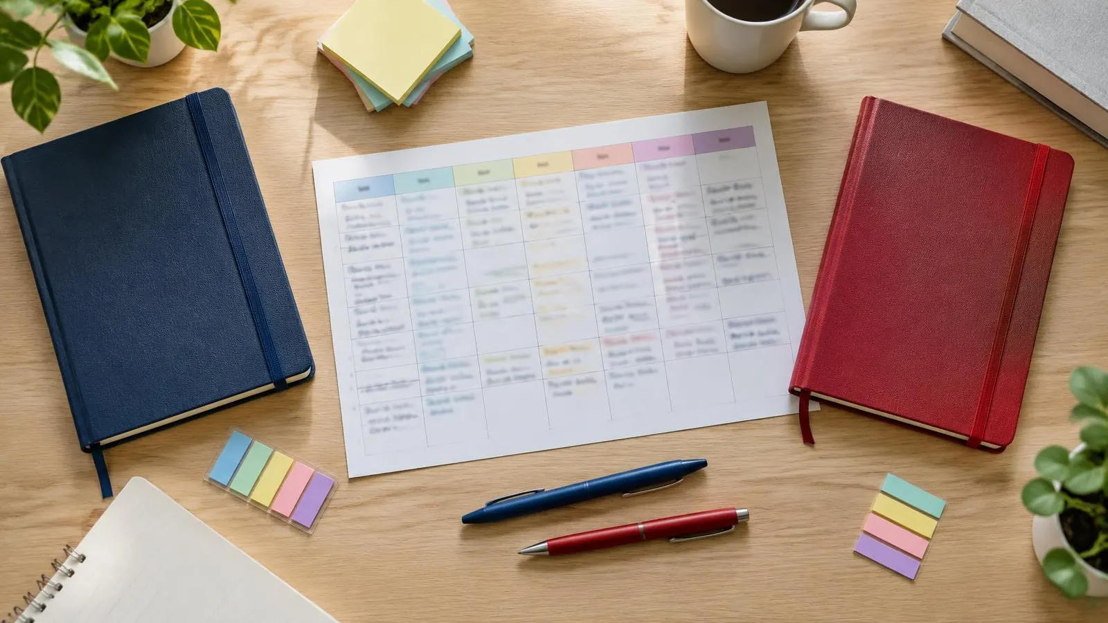 Mesa com dois cadernos, um azul-marinho e um vermelho, e um calendário semanal de estudos entre eles.